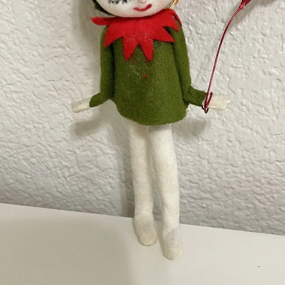 Vintage Flocked Felt Snow Baby Elf Christmas Ornaments Holding Balloons Lot of 2